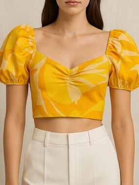 Zara Yellow Printed Puff-Sleeve Crop Top